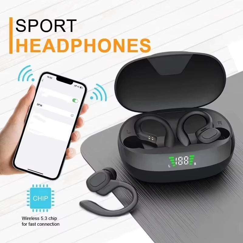 Wireless Earbuds Sport Bluetooth 5.3 Headphones with Noise Cancelling Mic 75H Hifi Stereo over Ear Bud LED Display USB-C IPX6