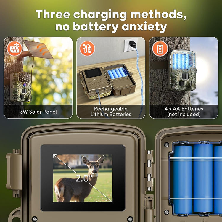 Trail Camera Wifi - Solar Powered 4K 64MP Game Cameras with Night Vision Motion Activated Waterproof with 32GB Micro SD Card, IP66 120° Detection Angle 0.2S Trigger 940Nm No Glow LED Wildlife