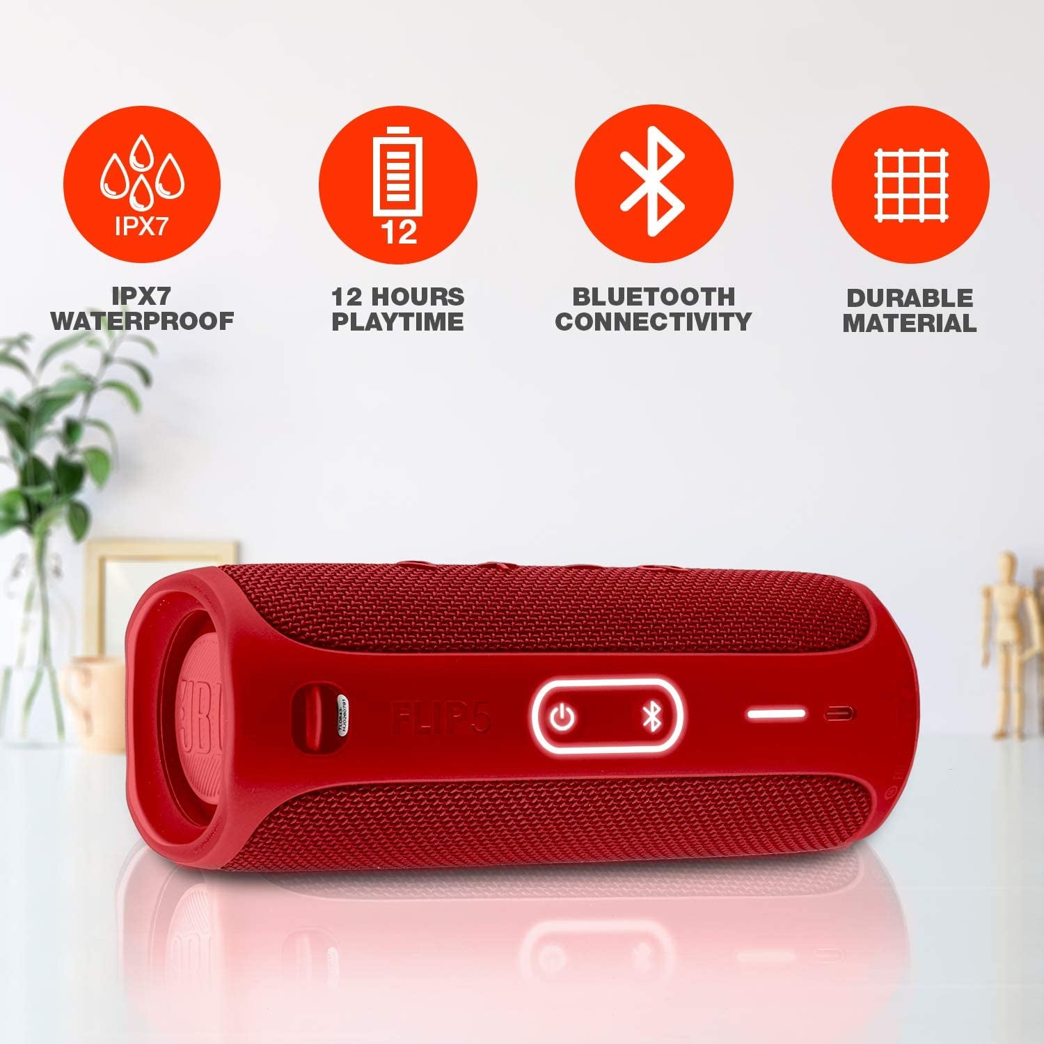 Flip 5: Portable Wireless Bluetooth Speaker, IPX7 Waterproof - Red - Boomph&