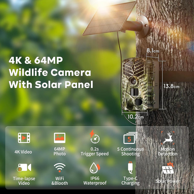 Trail Camera Wifi - Solar Powered 4K 64MP Game Cameras with Night Vision Motion Activated Waterproof with 32GB Micro SD Card, IP66 120° Detection Angle 0.2S Trigger 940Nm No Glow LED Wildlife